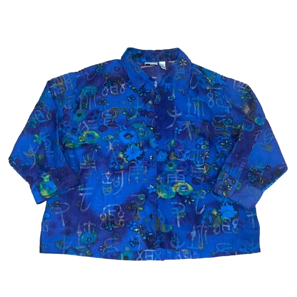 Chico’s Linen Blend Asian Print Sheer 3/4 Sleeve Button Down Top Shirt Sz XL